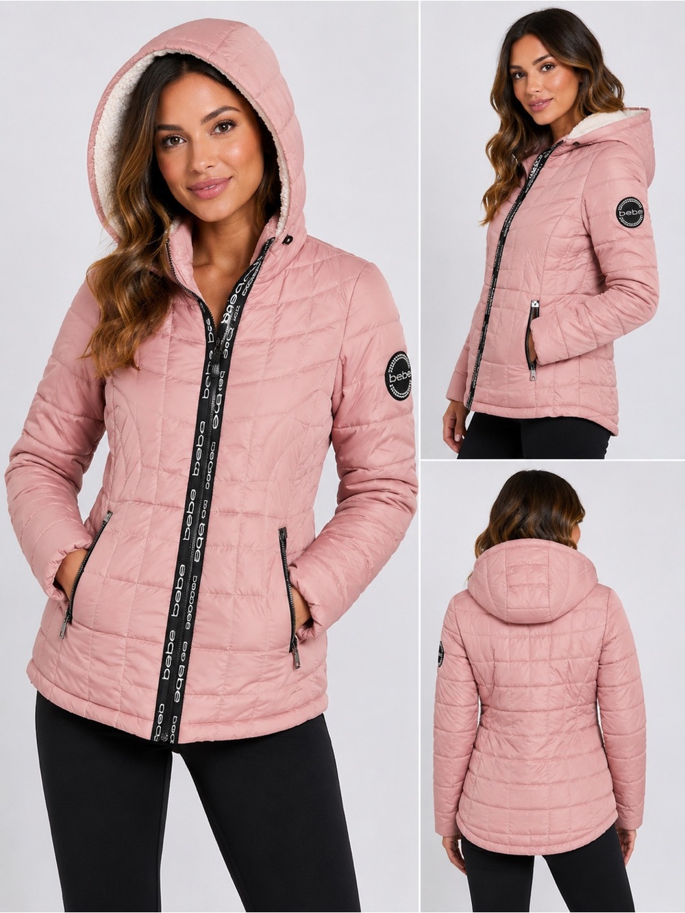 bebe Quilted Hooded Puffer Jacket - Dusty Rose